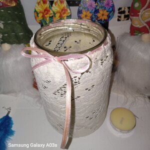 Lace Lantern/Vase Jar Pink Ribbon Handcrafted Tea Light Candle Included  CH1.
